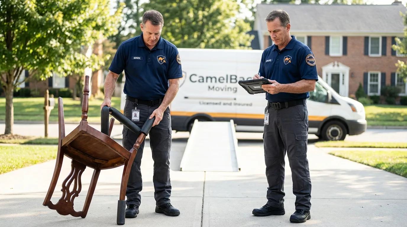Movers inspecting furniture for damage prevention before loading in Deatsville, AL