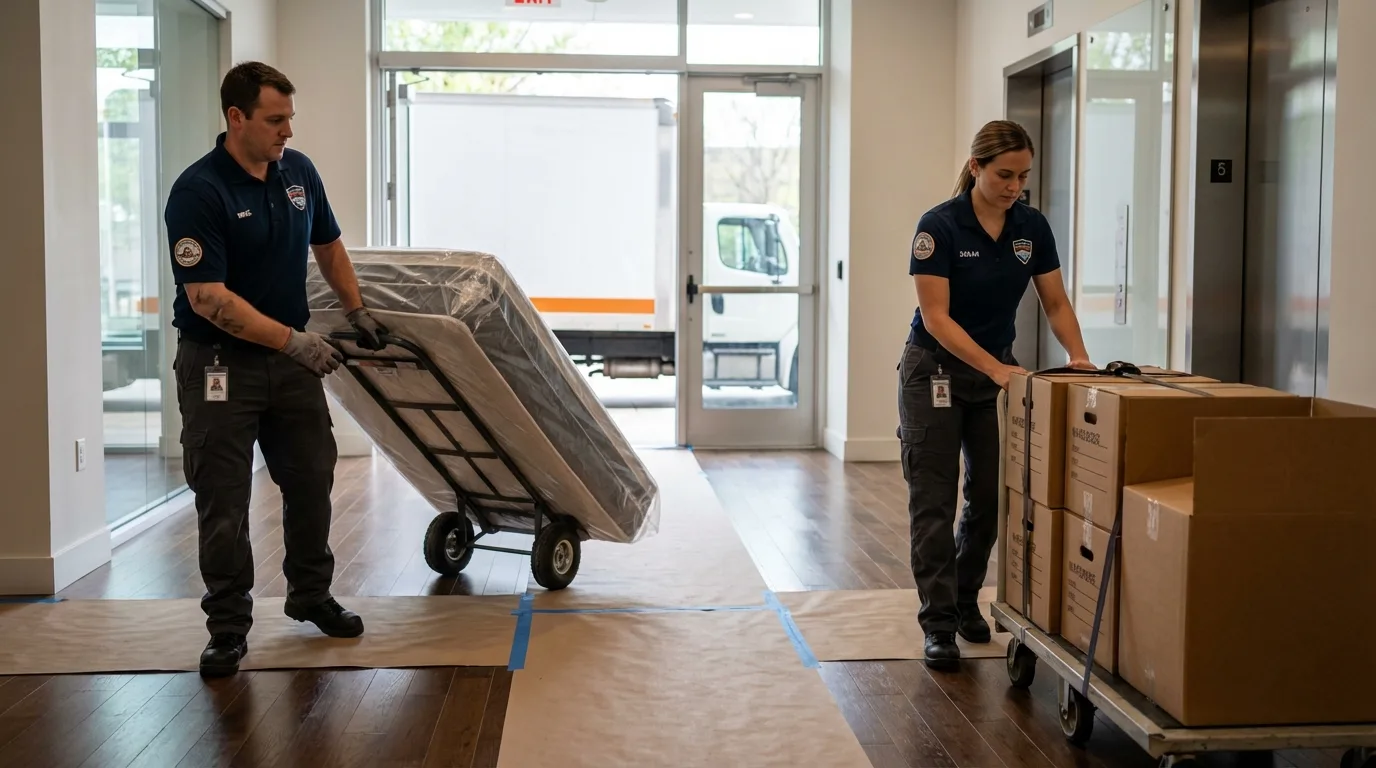 Professional apartment movers loading elevator in Deatsville, AL